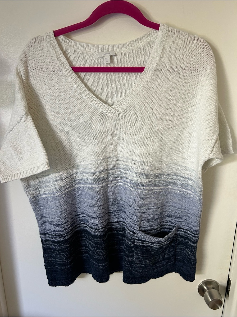 Pure Jill V-Neck Short Sleeve Top - White to Navy with pocket- Medium-Tall